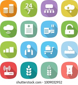 flat vector icon set - coin stack vector, 24 7, structure, cloud service, wireless, recipe, mall, unlock, sorting, workman, baggage trolley, shark flipper, router, spike, hive