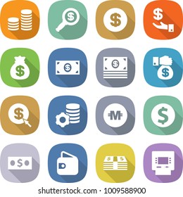 conjunto de iconos de vector plano - vectores de pila de monedas, ampliador de dólares, inversión, bolsa de dinero, regalo, flecha, minería virtual, moneda criptográfica, cartera, atm