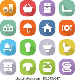 flat vector icon set - coin stack vector, basket, archive, ruler, greenhouse, dry cargo, bungalow, cafe, baggage trolley, bulb, sink, toilet, nightstand, mushroom, washing powder, towel
