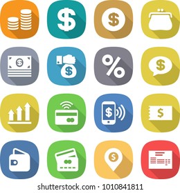 flat vector icon set - coin stack vector, dollar, purse, money, gift, percent, message, graph up, tap to pay, phone, receipt, wallet, credit card, pin, invoice