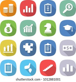 flat vector icon set - coin stack vector, graph, clipboard, dollar magnifier, money bag, diagram, chess horse, graduate hat, up, puzzle, golf, stairs, chart