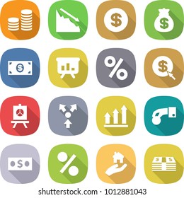 flat vector icon set - coin stack vector, crisis, dollar, money bag, presentation, percent, arrow, core splitting, graph up, hand, real estate