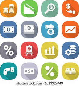 flat vector icon set - coin stack vector, crisis, dollar magnifier, investment, money, gift, statistics, percent, presentation, graph up, virtual mining, hand