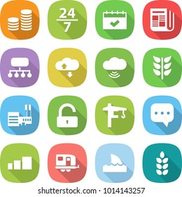 flat vector icon set - coin stack vector, 24 7, calendar, newspaper, structure, cloud service, wireless, spikelets, mall, unlock, tower crane, sms, sorting, trailer, shark flipper, spike
