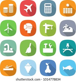 flat vector icon set - coin stack vector, plane, calculator, sun power, windmill, virtual mask, tower crane, surfer, water tap, broom, repair tools, drawing pen, soil cutter, grape, pear, fish