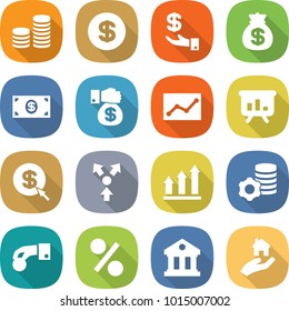 flat vector icon set - coin stack vector, dollar, investment, money bag, gift, statistics, presentation, arrow, core splitting, graph up, virtual mining, hand, percent, library, real estate