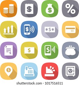 flat vector icon set - coin stack vector, receipt, money bag, percent, graph up, phone pay, credit card, account balance, mobile, purse, dollar pin, cashbox, safe