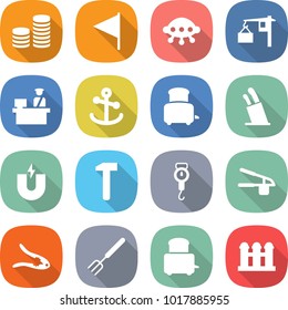 flat vector icon set - coin stack vector, flag, ufo, loading, customs control, anchor, toaster, stands for knives, magnet, hammer, handle scales, garlic clasp, walnut crack, big fork, grain elevator