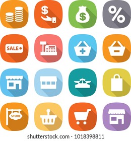 flat vector icon set - coin stack vector, investment, money bag, percent, sale, cashbox, add to basket, remove from, shop, market, scales, shopping, store signboard, cart