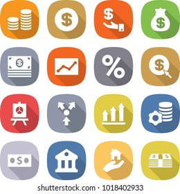 flat vector icon set - coin stack vector, dollar, investment, money bag, statistics, percent, arrow, presentation, core splitting, graph up, virtual mining, library, real estate
