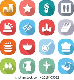 flat vector icon set - coin stack vector, star, bulb, wc, cashbox, crutch, castle, brick, plate washing, cauldron, pan, cook hat, salt pepper, jug, scarecrow, floor