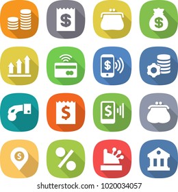 flat vector icon set - coin stack vector, receipt, purse, money bag, graph up, tap to pay, phone, virtual mining, hand, mobile, dollar pin, percent, cashbox, library