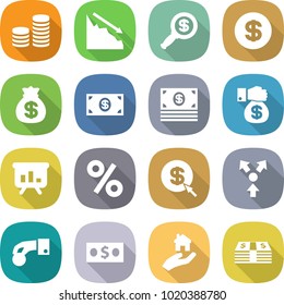 flat vector icon set - coin stack vector, crisis, dollar magnifier, money bag, gift, presentation, percent, arrow, core splitting, hand, real estate