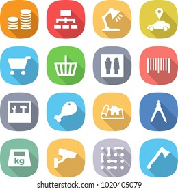 flat vector icon set - coin stack vector, hierarchy, table lamp, car pointer, cart, basket, wc, bar code, tools, chicken leg, project, drawing compasses, heavy, surveillance camera, circuit, axe