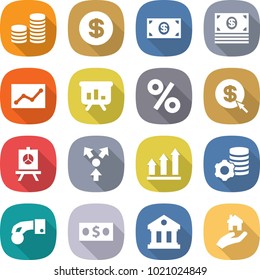 flat vector icon set - coin stack vector, dollar, money, statistics, presentation, percent, arrow, core splitting, graph up, virtual mining, hand, library, real estate
