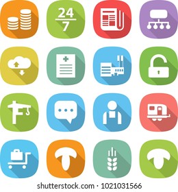 flat vector icon set - coin stack vector, 24 7, newspaper, structure, cloud service, recipe, mall, unlock, tower crane, sms, workman, trailer, baggage trolley, mushroom, spike