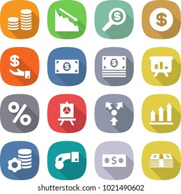 flat vector icon set - coin stack vector, crisis, dollar magnifier, investment, money, presentation, percent, core splitting, graph up, virtual mining, hand