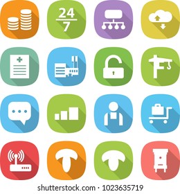 flat vector icon set - coin stack vector, 24 7, structure, cloud service, recipe, mall, unlock, tower crane, sms, sorting, workman, baggage trolley, router, mushroom, hive