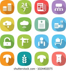 flat vector icon set - coin stack vector, 24 7, newspaper, structure, cloud service, wireless, recipe, mall, unlock, tower crane, workman, baggage trolley, mushroom, spike, hive