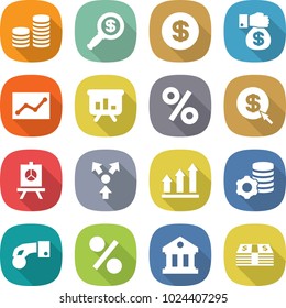 flat vector icon set - coin stack vector, dollar magnifier, money gift, statistics, presentation, percent, arrow, core splitting, graph up, virtual mining, hand, library