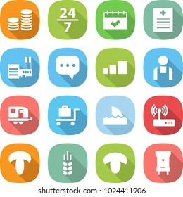 flat vector icon set - coin stack vector, 24 7, calendar, recipe, mall, sms, sorting, workman, trailer, baggage trolley, shark flipper, router, mushroom, spike, hive