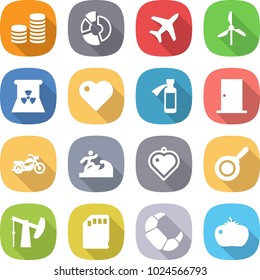 flat vector icon set - coin stack vector, circle diagram, plane, windmill, nuclear power, heart, potion bottle, door, motorcycle, surfer, pendant, pan, oil pump, sd card, croissant, tomato