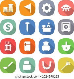 flat vector icon set - coin stack vector, flag, gear, ufo, dollar, nail, customs control, safe, radiator, fridge, toaster, ladle, horseshoe, rake