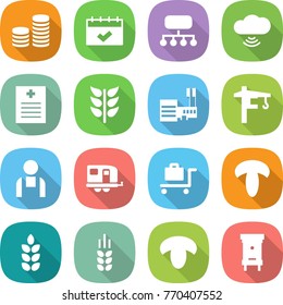flat vector icon set - coin stack vector, calendar, structure, cloud wireless, recipe, spikelets, mall, tower crane, workman, trailer, baggage trolley, mushroom, spike, hive
