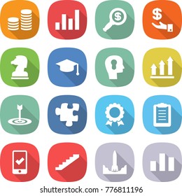 flat vector icon set - coin stack vector, graph, dollar magnifier, investment, chess horse, graduate hat, bulb head, up, target, puzzle, medal, clipboard, mobile checking, stairs, rocket start