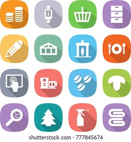 flat vector icon set - coin stack vector, smart watch, basket, archive, pencil, greenhouse, detector, cafe, touchscreen, food processor, coffee seeds, mushroom, viruses, spruce, sprayer, towel