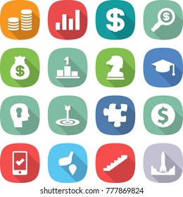 flat vector icon set - coin stack vector, graph, dollar, magnifier, money bag, pedestal, chess horse, graduate hat, bulb head, target, puzzle, mobile checking, golf, stairs, rocket start
