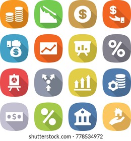 flat vector icon set - coin stack vector, crisis, dollar, investment, money gift, statistics, presentation, percent, core splitting, graph up, virtual mining, library, real estate