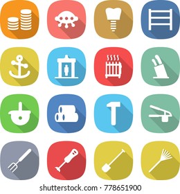 flat vector icon set - coin stack vector, ufo, tooth implant, rack, anchor, detector, radiator, stands for knives, ladle, pipes, hammer, garlic clasp, big fork, blender, shovel, rake