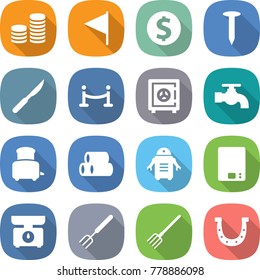 flat vector icon set - coin stack vector, flag, dollar, nail, scalpel, vip fence, safe, water tap, toaster, pipes, robot, kitchen scales, big fork, horseshoe