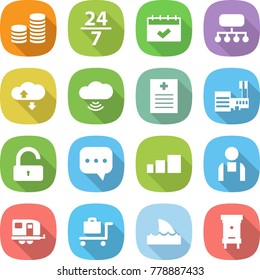 flat vector icon set - coin stack vector, 24 7, calendar, structure, cloud service, wireless, recipe, mall, unlock, sms, sorting, workman, trailer, baggage trolley, shark flipper, hive