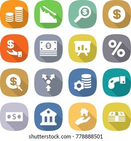 flat vector icon set - coin stack vector, crisis, dollar magnifier, investment, money, presentation, percent, arrow, core splitting, virtual mining, hand, library, real estate