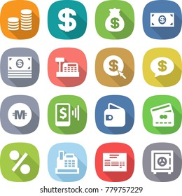 flat vector icon set - coin stack vector, dollar, money bag, cashbox, arrow, message, crypto currency, mobile pay, wallet, credit card, percent, invoice, safe