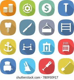 flat vector icon set - coin stack vector, around gear, dollar, nail, tooth implant, scalpel, loading crane, rack, anchor, vip fence, detector, radiator, toaster, knife holder, blender, shovel