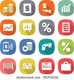 flat vector icon set - coin stack vector, receipt, investment, diagram, statistics, presentation, percent, abacus, phone pay, virtual mining, hand, bar code, money, invoice, suitcase