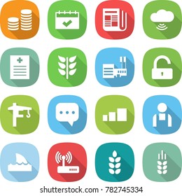 flat vector icon set - coin stack vector, calendar, newspaper, cloud wireless, recipe, spikelets, mall, unlock, tower crane, sms, sorting, workman, shark flipper, router, spike