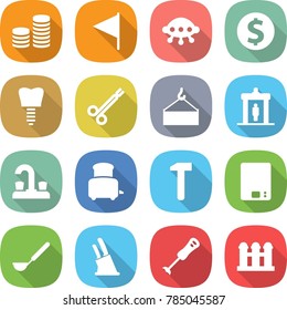 flat vector icon set - coin stack vector, flag, ufo, dollar, tooth implant, surgical clamp, loading crane, detector, water tap, toaster, hammer, kitchen scales, ladle, knife holder, blender