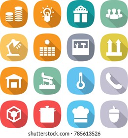 flat vector icon set - coin stack vector, bulb, gift, group, table lamp, sun power, tools, cargo top sign, warehouse, aquapark, thermometer, phone, 3d, pan, cook hat, acorn