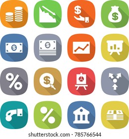 flat vector icon set - coin stack vector, crisis, investment, money bag, statistics, presentation, percent, dollar arrow, core splitting, hand, library