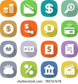 flat vector icon set - coin stack vector, crisis, dollar, magnifier, investment, money message, tap to pay, crypto currency, receipt, account balance, purse, percent, library, credit card