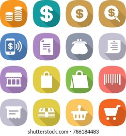 flat vector icon set - coin stack vector, dollar, arrow, phone pay, account balance, purse, shopping list, market, bag, bar code, atm receipt, money, basket, cart