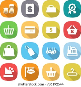flat vector icon set - coin stack vector, receipt, shopping bag, medal, basket, credit card, delete cart, label, sale, cashbox, store signboard, hanger