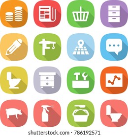 flat vector icon set - coin stack vector, newspaper, basket, archive, pencil, tower crane, map, sms, toilet, nightstand, repair tools, analytics, pig, sprayer, washing powder