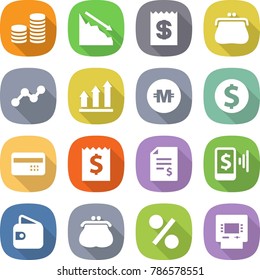 flat vector icon set - coin stack vector, crisis, receipt, purse, graph, up, crypto currency, dollar, credit card, account balance, mobile pay, wallet, percent, atm