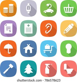 flat vector icon set - coin stack vector, smart watch, electric car, basket, account balance, recipe, ear, pencil, dry cargo, bungalow, baggage trolley, bulb, meat hammer, spruce, sprayer, toilet