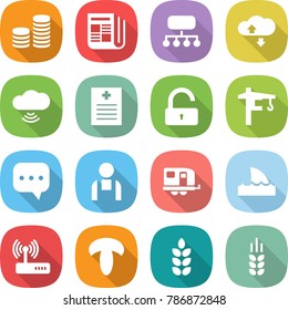 flat vector icon set - coin stack vector, newspaper, structure, cloud service, wireless, recipe, unlock, tower crane, sms, workman, trailer, shark flipper, router, mushroom, spike